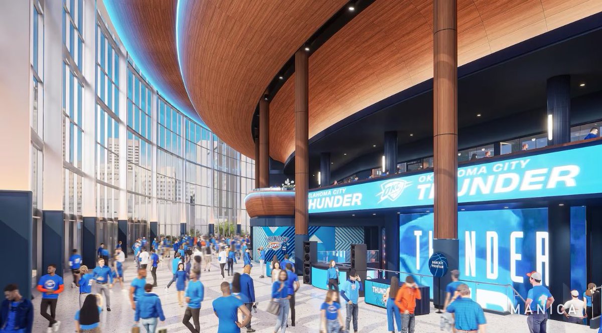 ThunderFilmRoom's tweet image. The first renderings for OKC’s near 1 Billion Dollar arena that is set to open in 2028, per @SBJ.