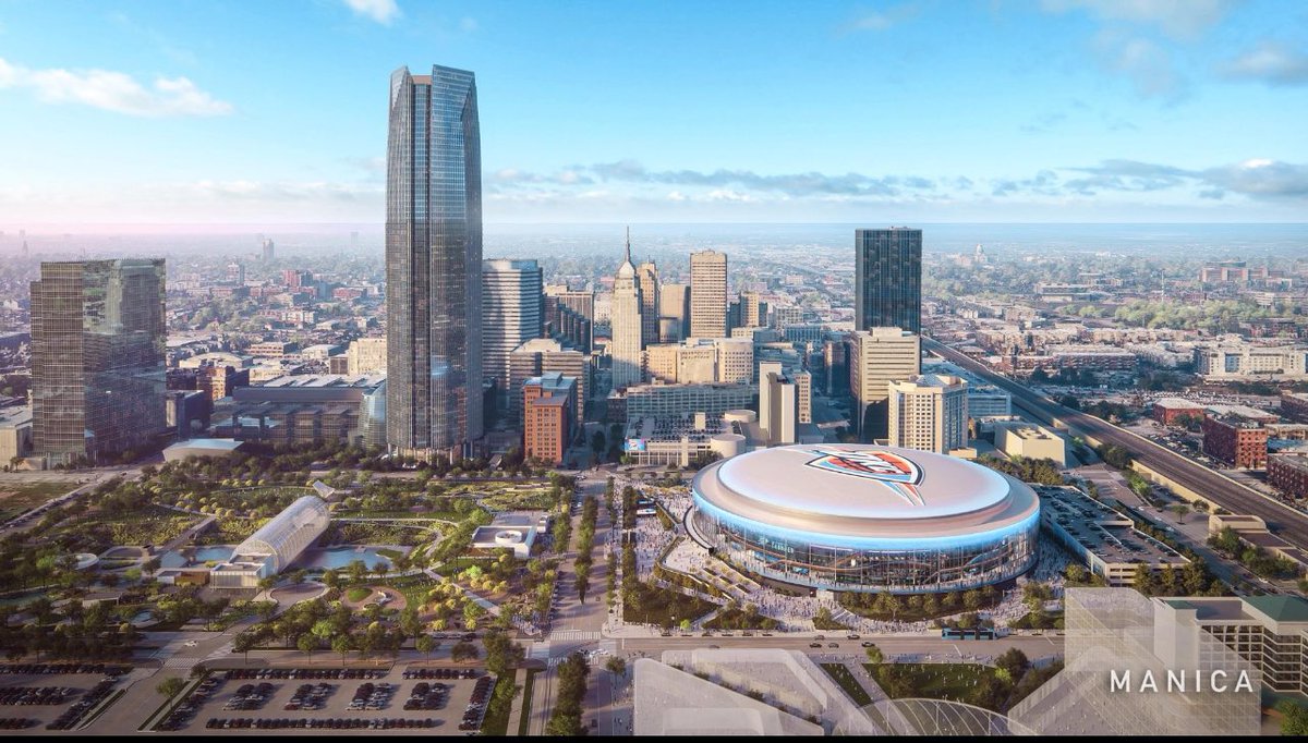 ThunderFilmRoom's tweet image. The first renderings for OKC’s near 1 Billion Dollar arena that is set to open in 2028, per @SBJ.