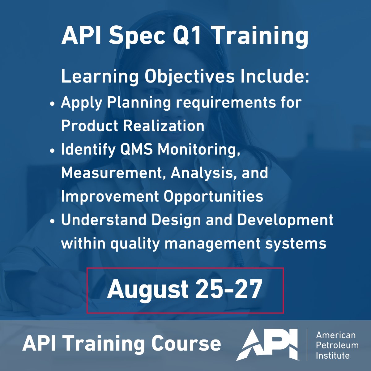 APIGlobal's tweet image. The next API Specification Q1 Fundamental Training is coming soon - August 25-27.
Whether you're new to this landmark specification or are looking to take the next step in your understanding, join API for this upcoming training!
hubs.la/Q03wX8fd0