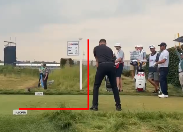 litterboxbidet's tweet photo. @Matty1ce19 @IceFisherman001 @TronCarterNLU @procaddiecoach He's 6'0"; 45" Driver, two of them, is 7'6". This is shorter than two club length. Even with this bad perspective math he's good.

Also, retroactive penalties are USGA's discretion. Mostly when the player has an advantage. I'd argue not much advantage being outside of that range. https://t.co/noOglF9B4c