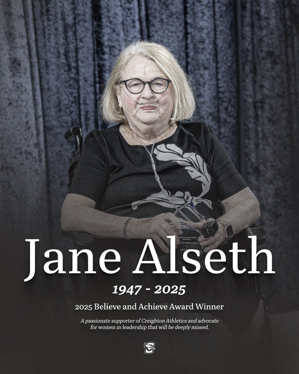 gocreighton's tweet image. Creighton Athletics is deeply saddened by the passing of Jane Alseth.
Jane was a passionate supporter of Creighton Athletics and advocate for women in leadership that will be deeply missed.