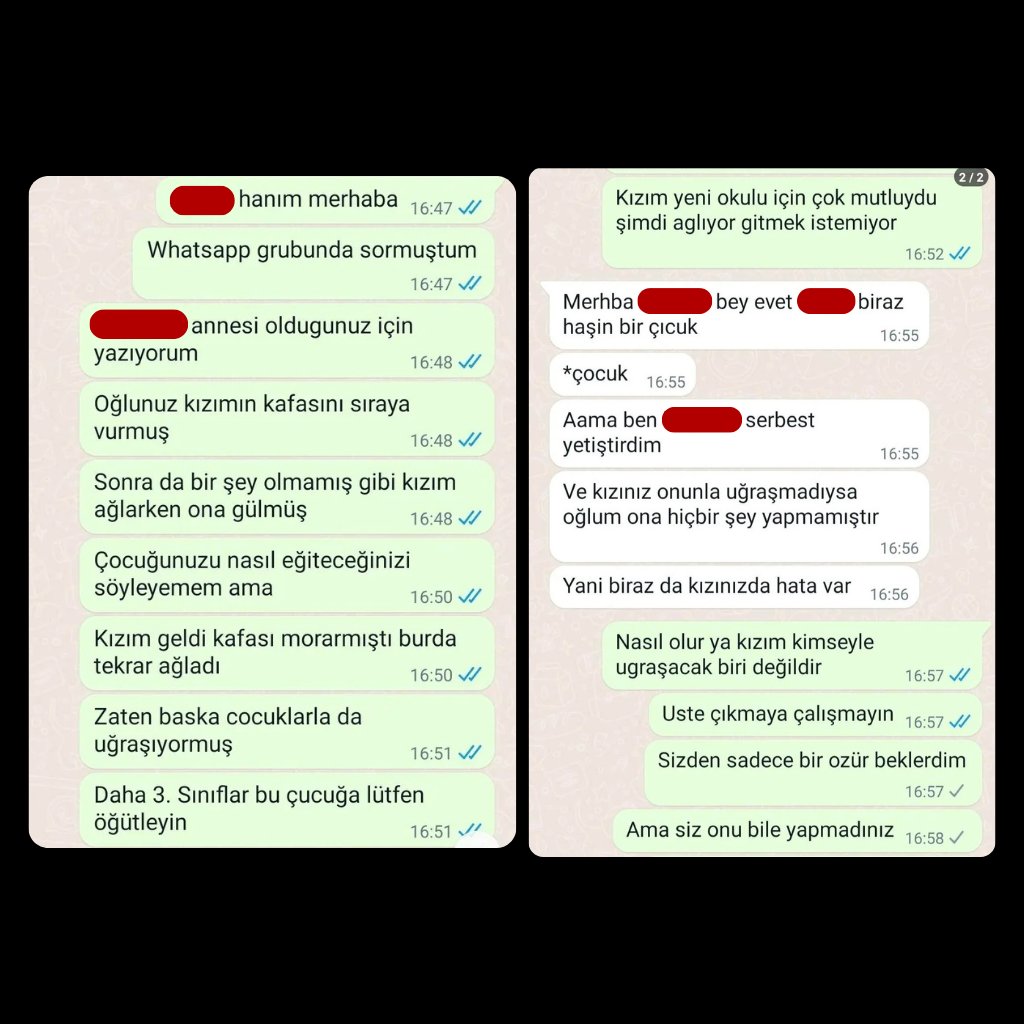 Bir babanın, ilkokula giden kızına zorbalık yapan çocuğun velisiyle yaptığı konuşma:

"Çocuğum biraz haşin bir çocuk, ben onu serbest yetiştirdim. Kızınız onunla uğraşmadıysa oğlum ona bir şey yapmamıştır."