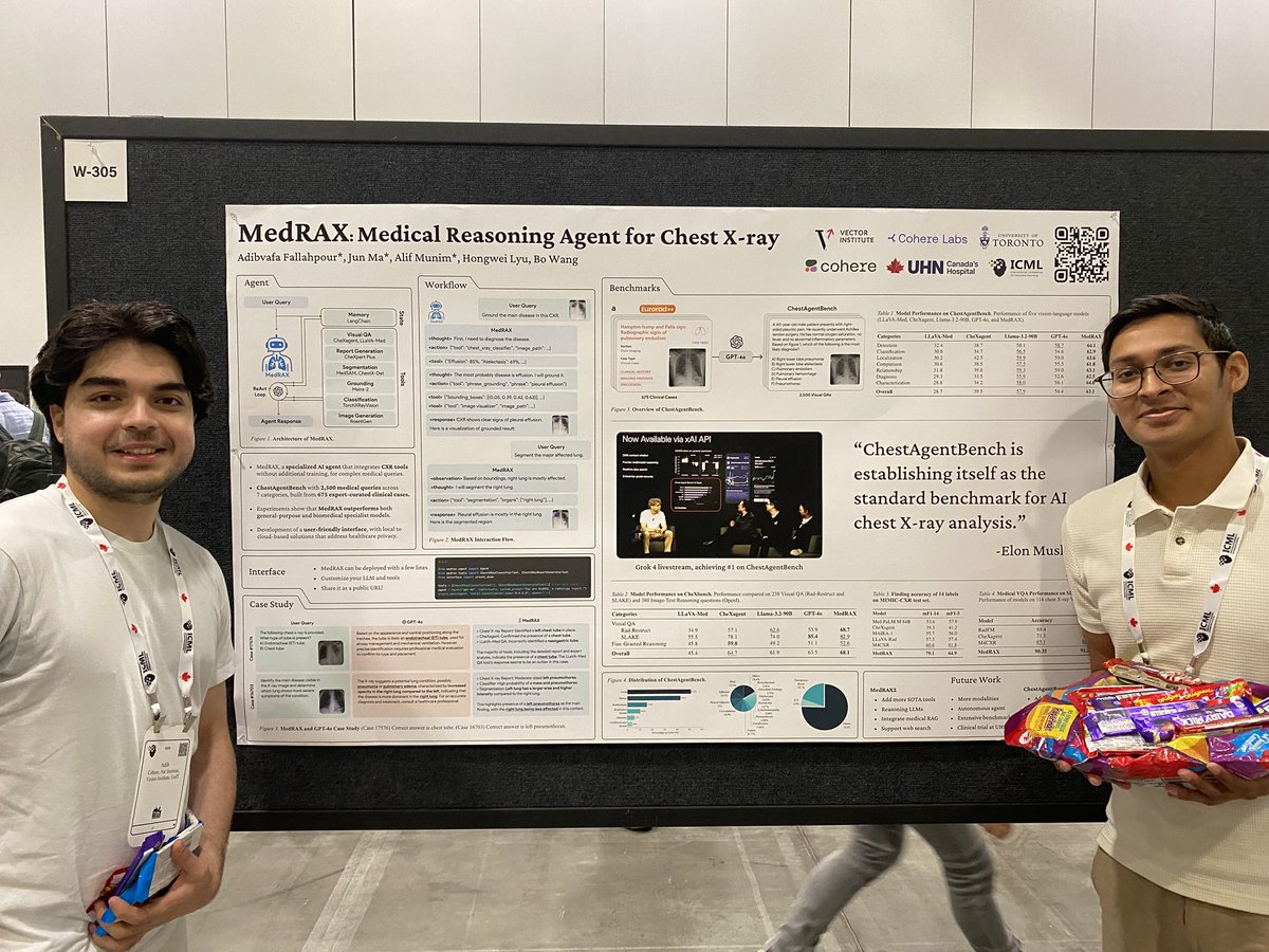 alifmunim's tweet image. MedRAX is at #ICML2025 and we have candy! Come see us at W305 @JunMa_11 @BoWang87 @UHN #AIHealth #Radiology