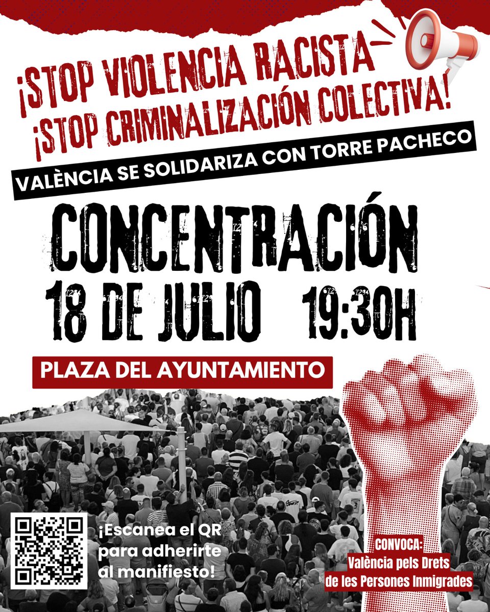 📢 Este viernes #18dejulio, convocamos concentración urgente en València contra el #racismo

Nos movilizamos frente a la criminalización colectiva, la escalada de odio y persecución que vive Torre Pacheco

✊ Convoca: València Pels Drets de les Persones Immigrades
#StopRacismo