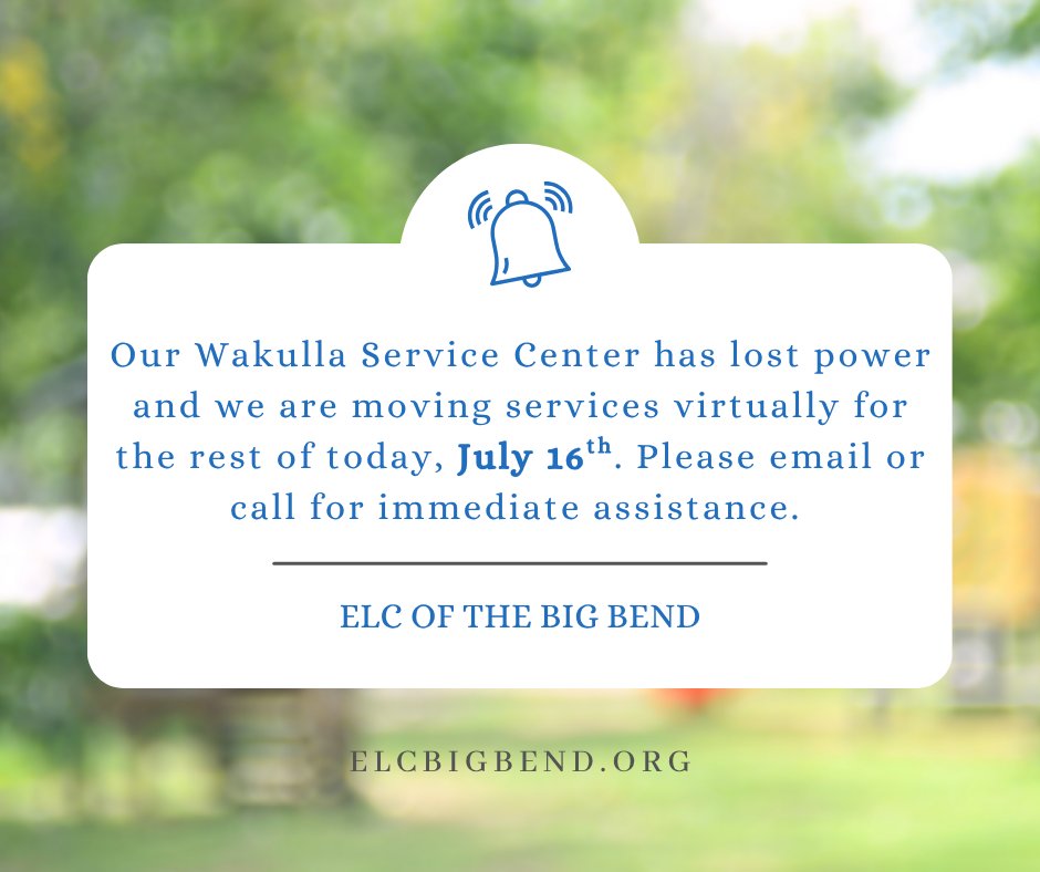 ⚠️ Service Update – Wakulla County

Our Wakulla Service Center is currently without power. For the rest of today, July 16, all services will be provided virtually.

Please call 1-866-973-9030 for immediate assistance. We apologize for any inconvenience this may have caused.
