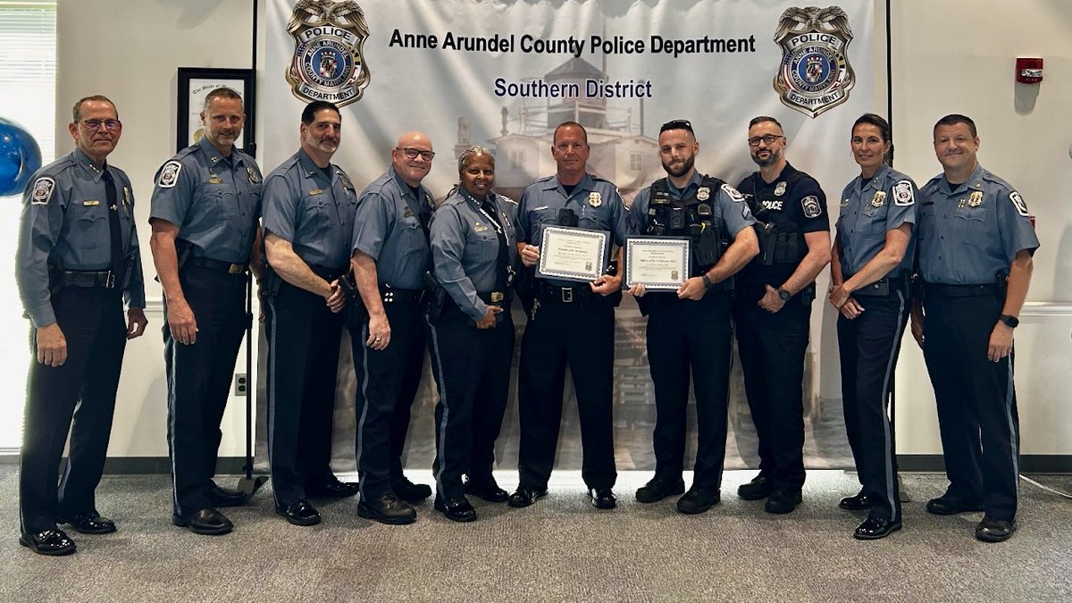 AACOPD's tweet image. Congratulations to Southern District's Sergeant James Shoults, who was selected as the Sergeant of the last Quarter of 2024, and Corporal William Martin, who was named Southern District's Officer of the quarter for January-March 2025. Pictured with them are Assistant Chief…