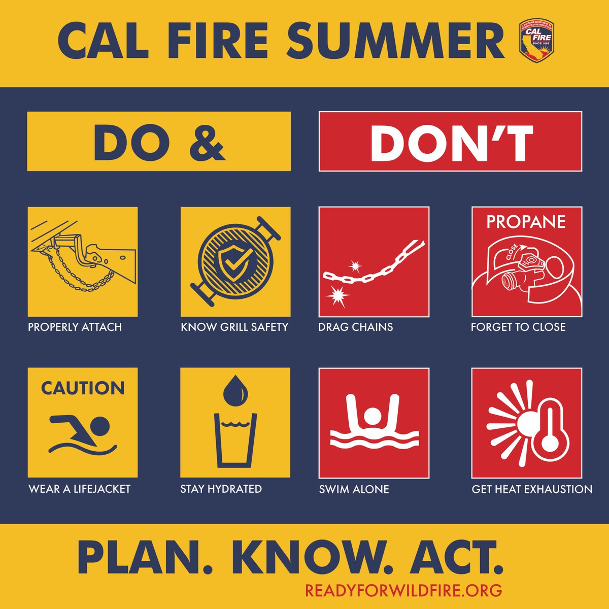 CAL_FIRE's tweet image. Summer is here, and as California heats up, so do the risks. ☀
Wildfire danger, extreme heat, and water hazards are serious risks. Remember to stay fire-aware, keep cool and hydrated, and to wear a life jacket near water.
Don’t wait! Make a plan:
➡ ReadyForWildfire.org for…