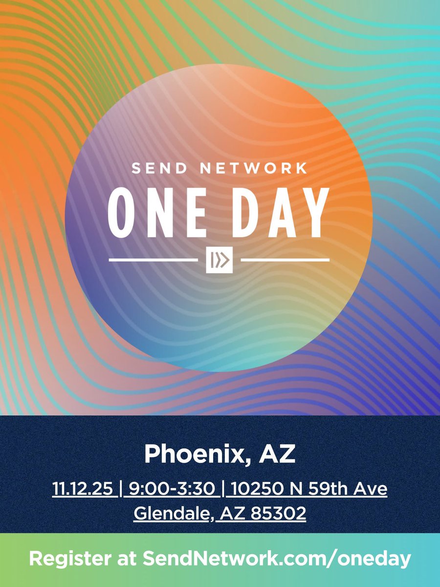 Sign up now for the Arizona Send Network One Day.

When - November 12th 
Where - First Southern Baptist Church, Glendale Arizona.
Who - EVERYONE - Everyone one who wants to discover next steps to advance the gospel here in Arizona. 

Use this link - sendnetwork.com/oneday