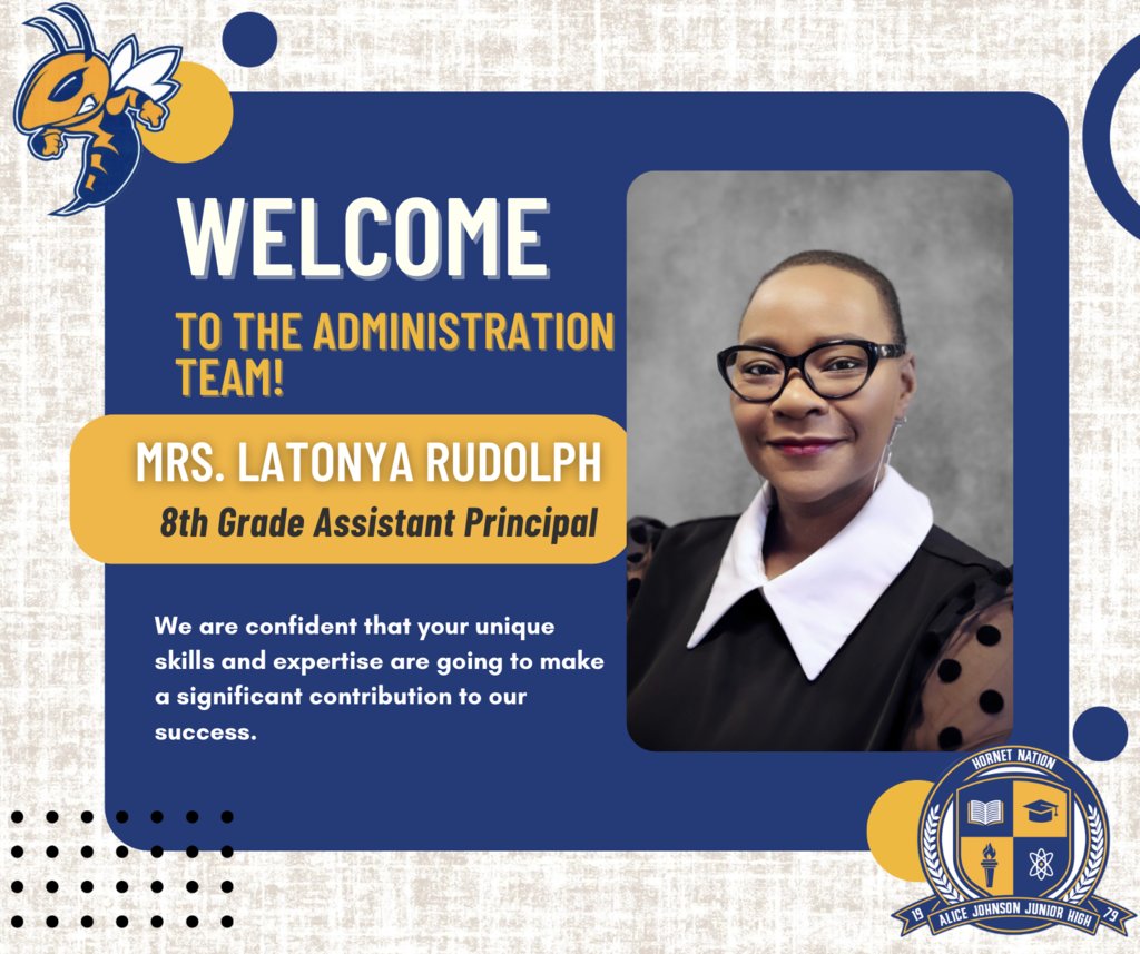 AliceJohnsonJrH's tweet image. Exciting news! π Please welcome Mrs. Latonya Rudolph, our new 8th Grade Assistant Principal! We're glad to have her step into this new role. ππ #AssistantPrincipal #HornetNation