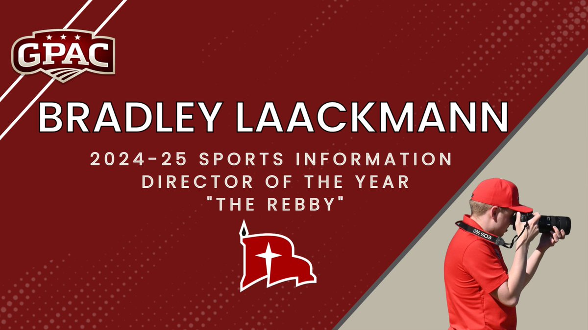 GPACSports's tweet image. Bradley Laackmann from @nwcraiders named GPAC Sports Information Director of the Year and winner of "The Rebby" given in honor of the late Dave Rebstock from @MsideMustangs
Read More: tinyurl.com/4adf4xeu