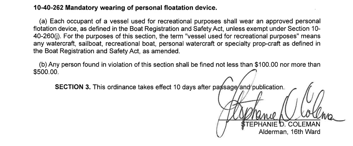 JakeSheridan_'s tweet image. Ald. Stephanie Coleman wants to require Chicago boaters to wear life jackets.
She is introducing this ordinance requiring life jackets on boats today, weeks after 27-year-old Zahrie Walls drowned in Lake Michigan while boating: