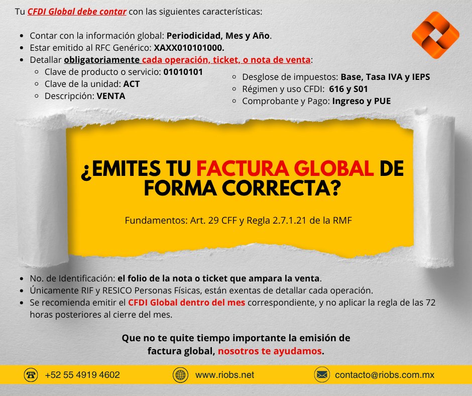 RioBSolutions's tweet image. No pierdas tiempo valioso con la emisión de Facturas Globales, nosotros te ayudamos. 

#FacturaGlobal #Facturación #cfdiglobal #ventaspublicogeneral #impuestosfederales #pymes #negocios #pymesméxico #contabilidad #servicioscontables #contadoresmexico