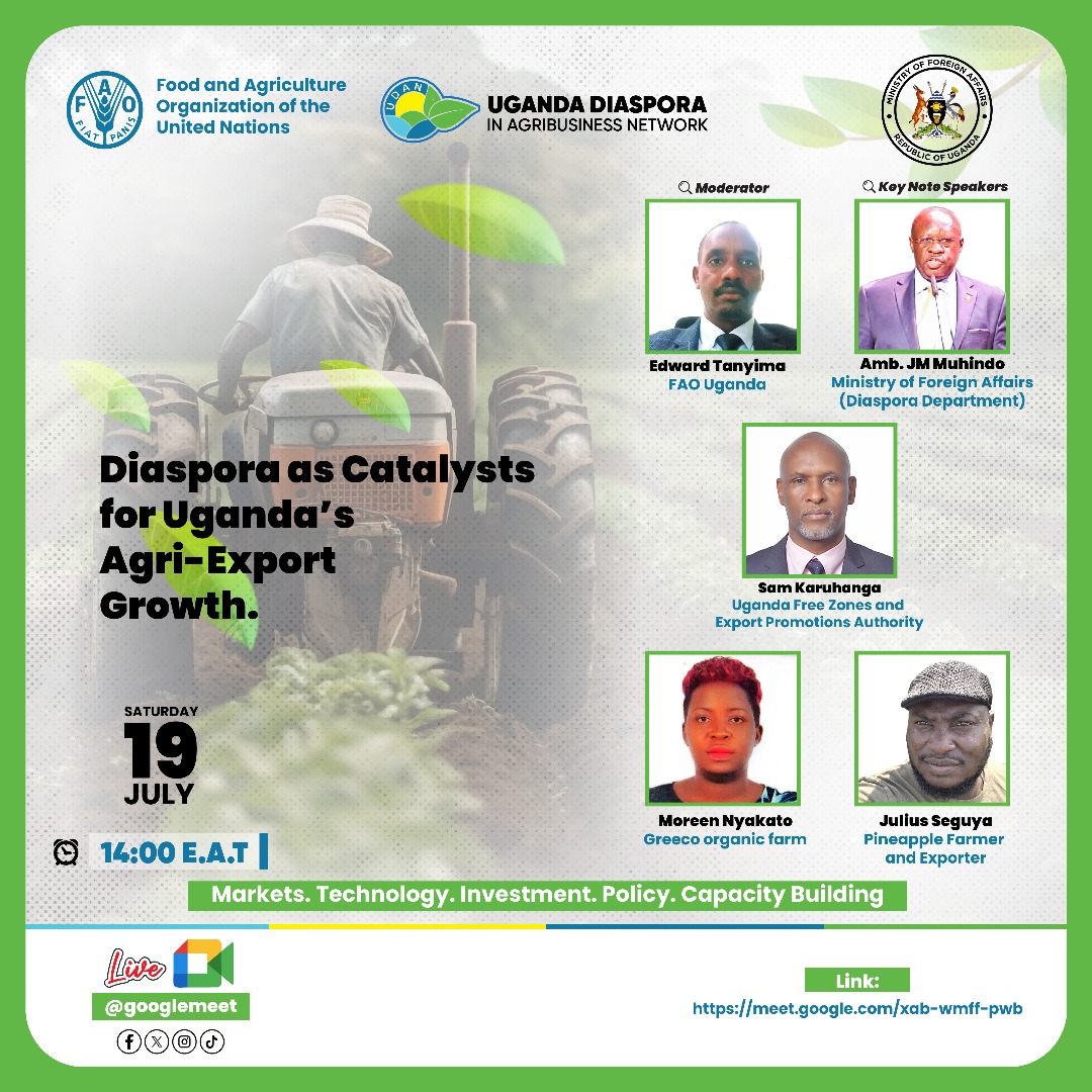 yofchan's tweet photo. Diaspora as Catalysts for Uganda's Agri Export Growth

Saturday 19 Jul  •  2:00 – 4:00 pm East Africa Time.

Kindly Join and hear from diaspora and youth agrichampions that are championing export of Uganda's agri products.

Appreciate the opportunities and obstacles in breaking through export markets regionally and globally.

Take advisory from the government of  enablers to making exports work.

UDAN exists to promote Ugandan diaspora investment into our agrifood sector via funding, market access, technology, knowledge, and policy advocacy.

Google Meet joining info
Video call link: https://t.co/XsNQiTIHzr