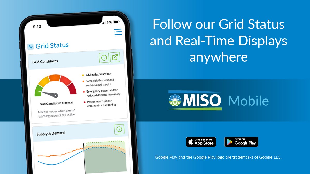 Stay connected to the power grid wherever you are.

With MISO’s mobile app, you can track real-time grid conditions and stay informed during high-heat summer days.

Download MISO Mobile now to keep the grid at your fingertips.

Apple: ow.ly/9app50WqMnx
Google: