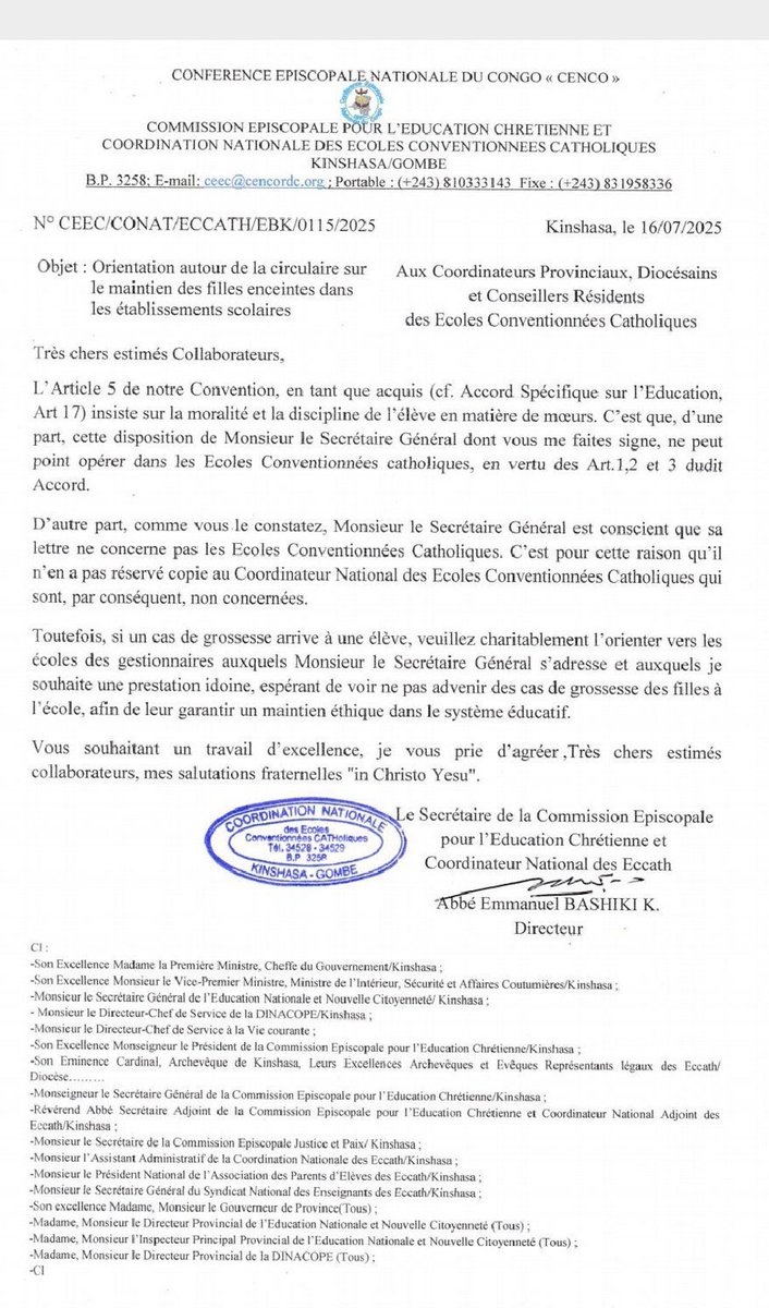 #RDC🇨🇩: L’influente Église catholique refuse les élèves enceintes dans ses écoles primaires et secondaires. Si un cas est signalé, il sera transféré dans les écoles gérées par l’Etat (non conventionnées). C’est la précision de la coordination des écoles conventionnées catholiques