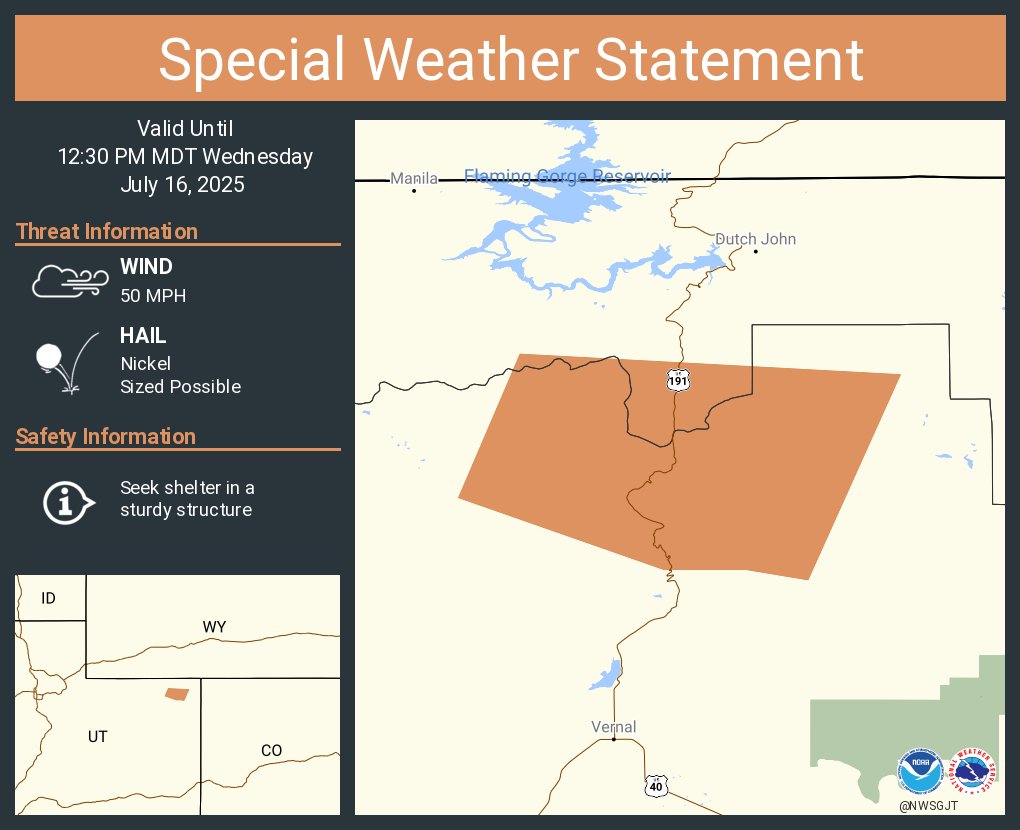 NWSGJT's tweet image. A special weather statement has been issued for Uintah County, UT until 12:30 PM MDT