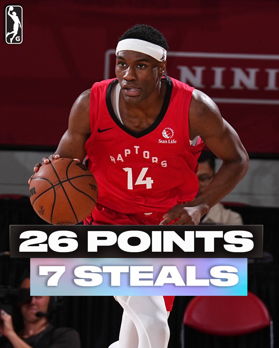 nbagleague's tweet image. 26 PTS 🔐 7 STL 🔐 8/16 FG
Ja’Kobe Walter was a MENACE on both ends of the floor for the @raptors! His hot hand helped them improve to 3-0 at #NBASummer.