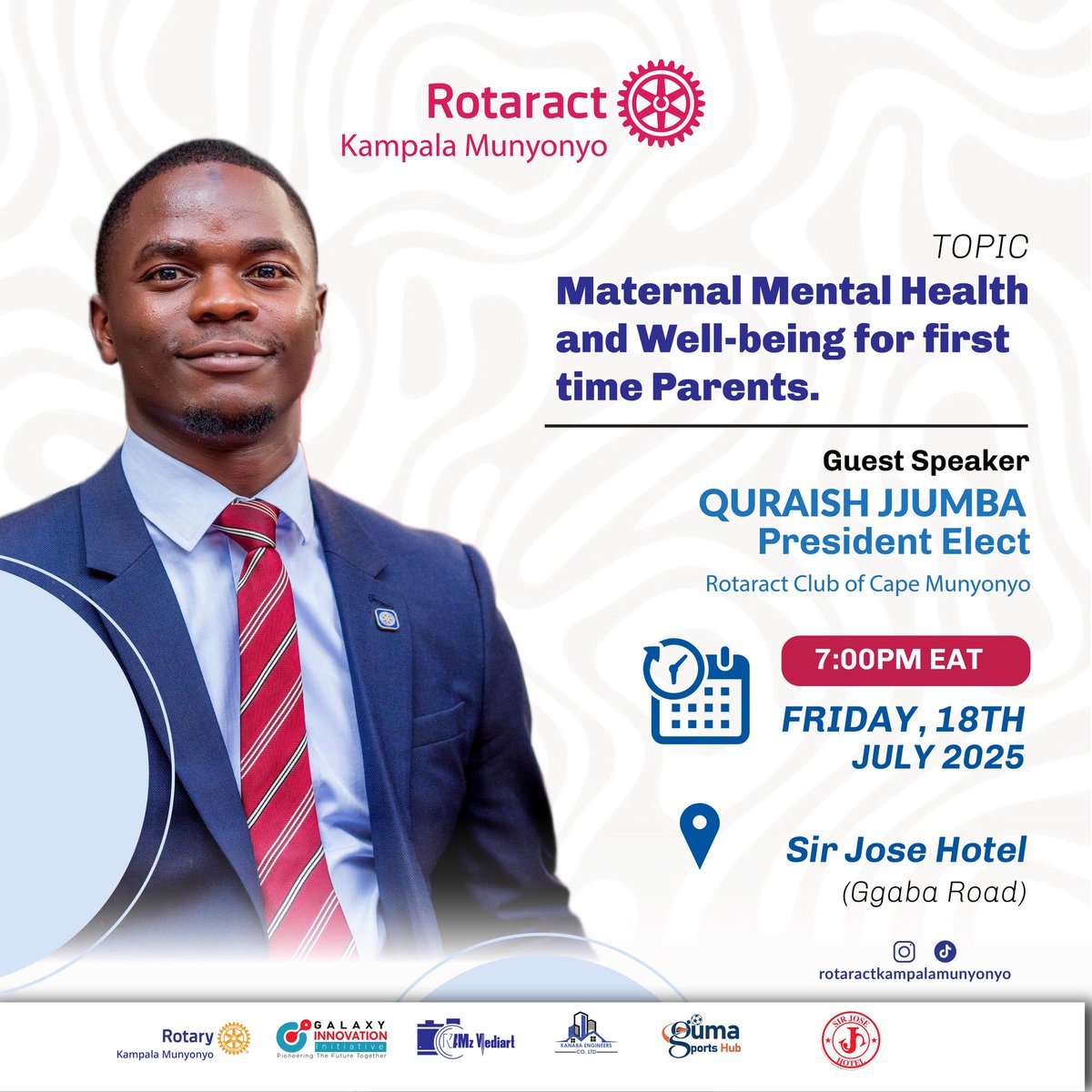 RCT Kampala Munyonyo (@rctmunyonyo) on Twitter photo *Join us this Friday for an interesting topic _ MATERNAL MENTAL HEALTH AND WELL-BEING FOR FIRST TIME PARENTS_ .* by PE. Quraish Jjumba 
Rotaract Club of Cape Munyonyo 
🗓️ July 18th 2025
 🕕 7:00PM 
📍 Sir Jose Hotel 🏨 
#PRteam
#rctkampala
#Kamzgraphics
#UniteForGood *Join us this Friday for an interesting topic _ MATERNAL MENTAL HEALTH AND WELL-BEING FOR FIRST TIME PARENTS_ .* by PE. Quraish Jjumba 
Rotaract Club of Cape Munyonyo 
🗓️ July 18th 2025
 🕕 7:00PM 
📍 Sir Jose Hotel 🏨 
#PRteam
#rctkampala
#Kamzgraphics
#UniteForGood