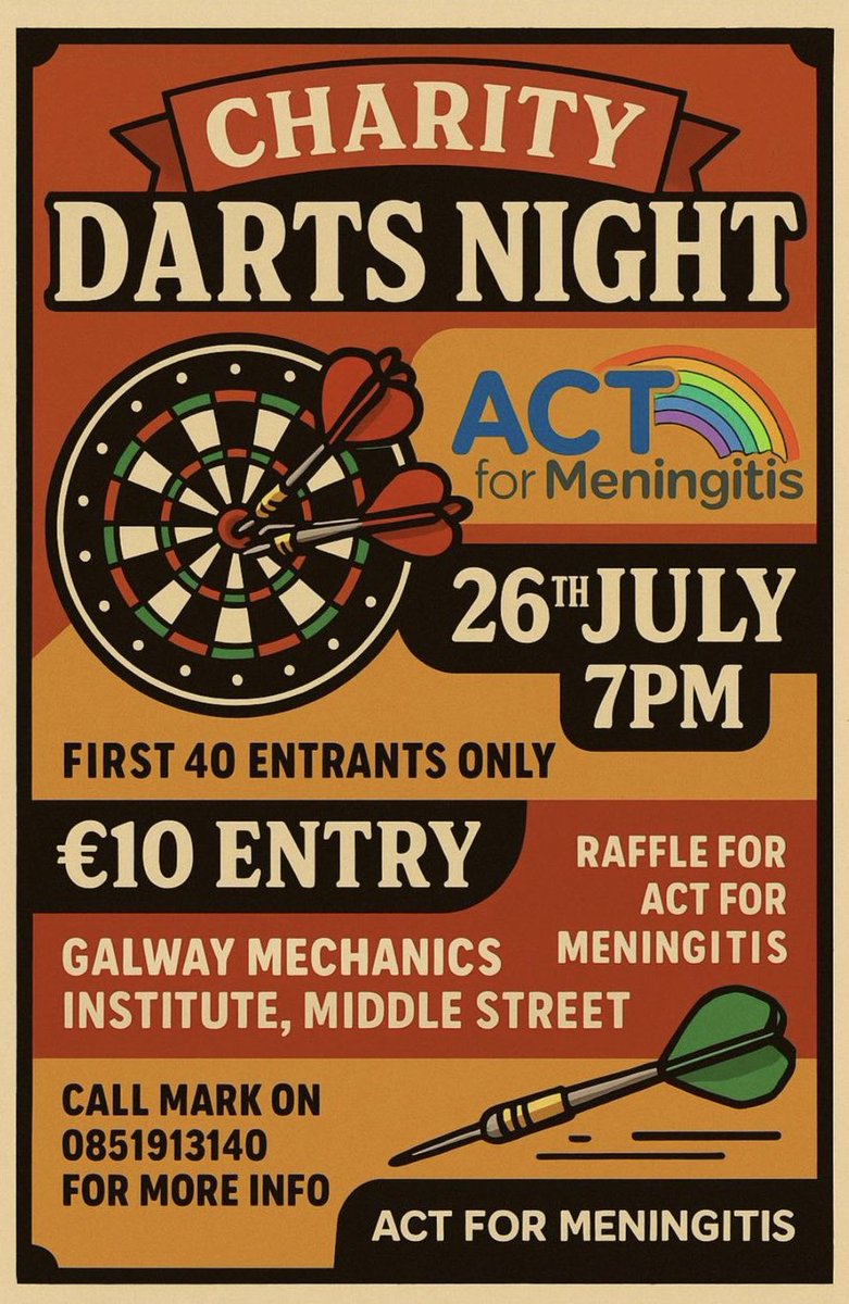 One of our longest supporters Mark McLaughlin is organising a darts night 🎯 on the 26th July in Galway . 
All welcome ! 
Thanks Mark for your continued support . 
Contact him to register on the number below ⬇️