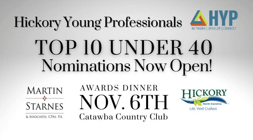 Do you know a young professional showcasing career success, community involvement, leadership ability, and influence in the community? Nominate them today for Hickory Young Professionals Top 10 Under 40!
surveyhero.com/c/v7faebmz