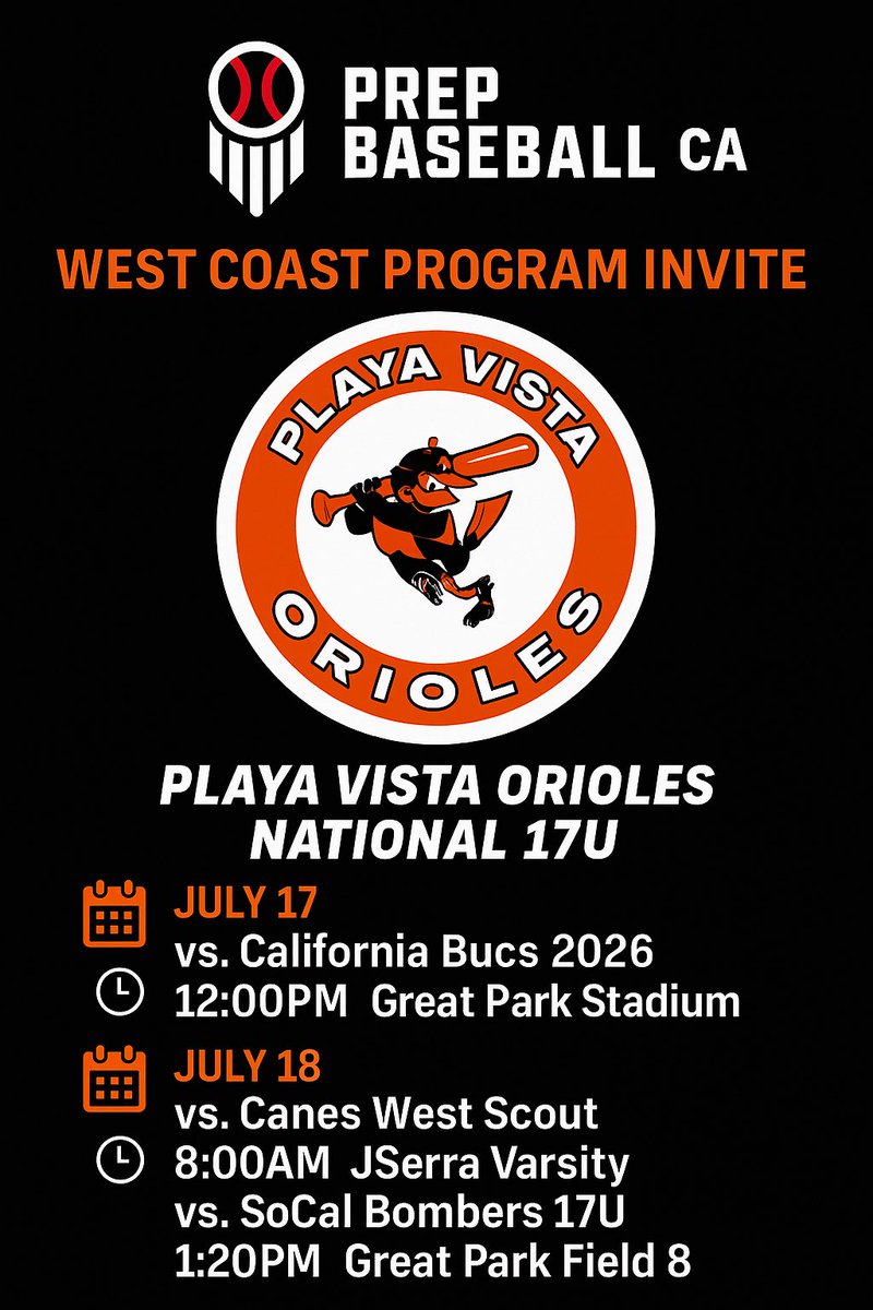 ChaseT2027's tweet image. Let’s go #PVON 🧡⚾️
🔥 Playa Vista Orioles National 17U
#PrepBaseball #WestCoastProgramInvite #PlayavistaOrioles #17UBaseball #PBR