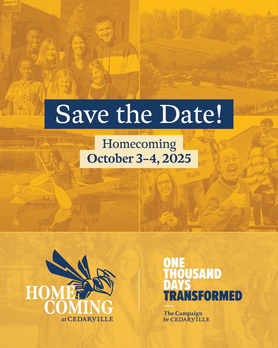 🗓️ Homecoming 2025 is October 3–4, and YOU are invited!

From class reunions and campus events to the fan-favorite cardboard canoe race, it’s a weekend to reconnect with friends and celebrate all God is doing at Cedarville.

🏅 Milestone reunions will be celebrated for graduation