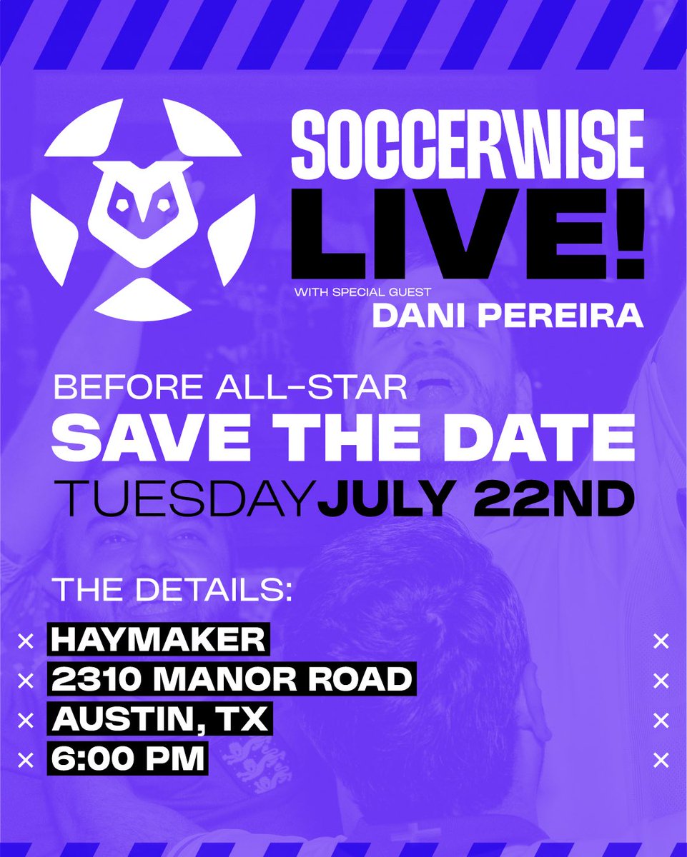 AUSTINNNNNN 🔊 

Soccerwise is coming to you LIVE from Haymaker on Tuesday evening with our glorious hosts and some special guests… like <a href="/AustinFC/">Austin FC</a> midfielder Dani Pereira ✨ 

The best part? It’s free to attend 🤗

See you sickos there!