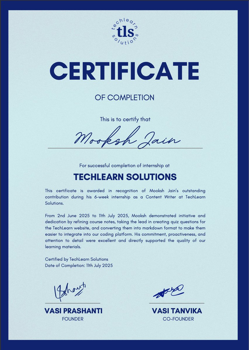 Maverickbitcode's tweet image. Internship: Complete! Grateful for the 6-week ride at TechLearn Solutions as a Content Writer. Markdown, quizzes, and loads of learning.
