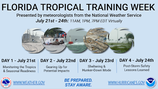 NWSMiami's tweet image. 📢 Prepare like a pro this hurricane season!
🌴 Florida NWS offices are offering FREE virtual tropical training July 21–24.
🕰️ Daily sessions at 11am, 1pm, and 7pm EDT - choose what time works best for you.
🌀 Sign up: weather.gov/jax/FloridaTro…
📌 #HurricanePrep #FLwx