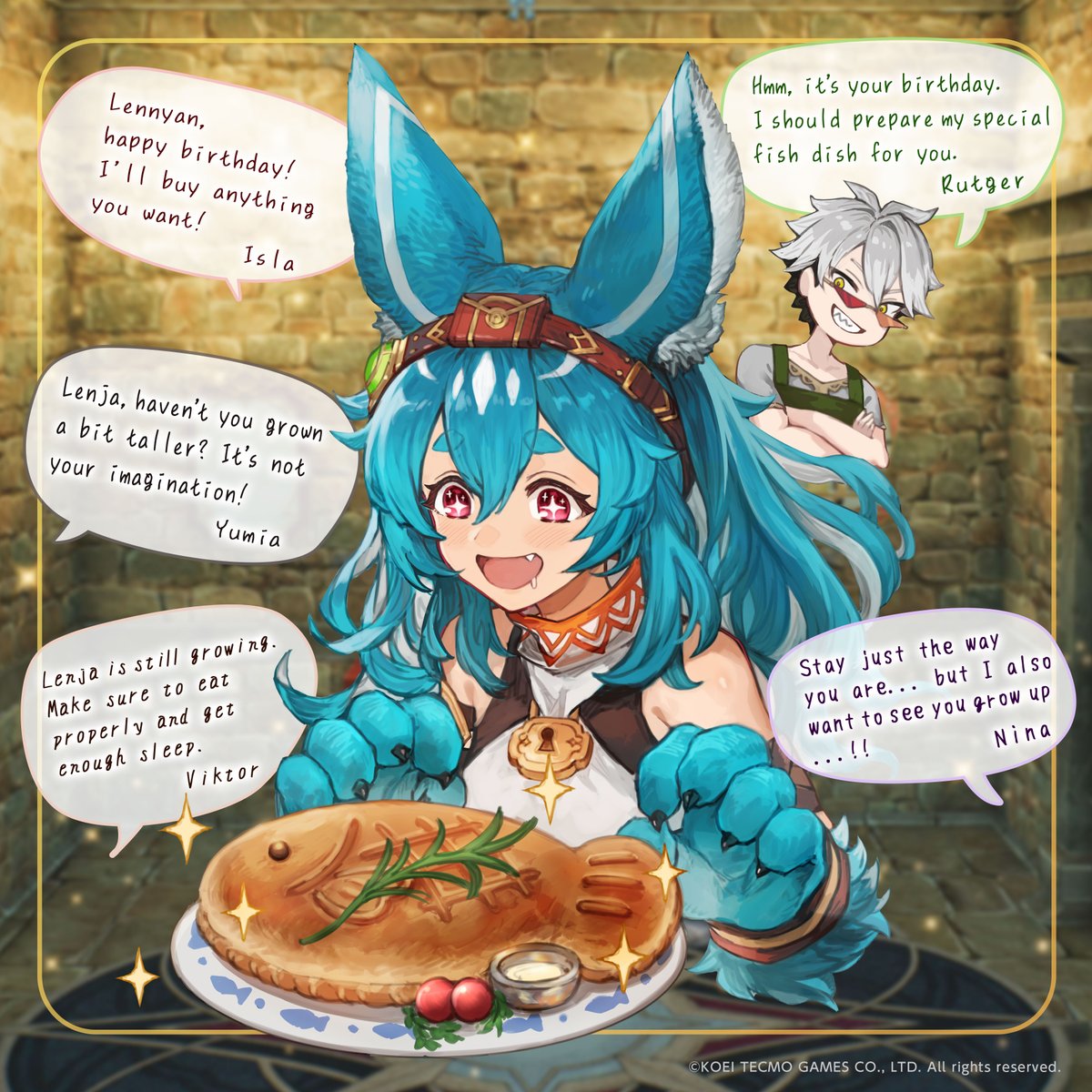 KoeiTecmoUS's tweet image. Happy Birthday, Lenja!
It's so sweet that Rutger made his special fish dish, too.
#AtelierYumia