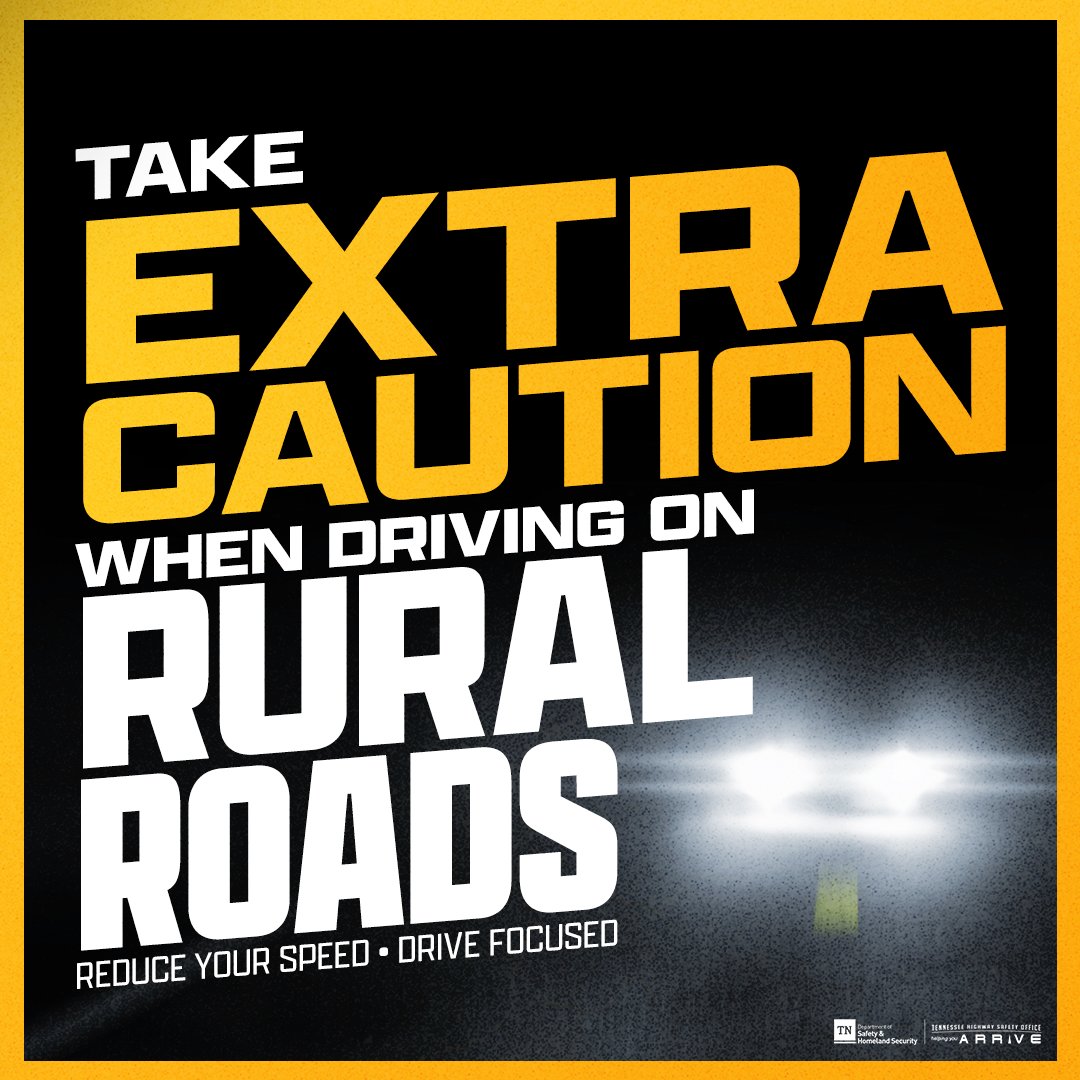 RCTNSheriff's tweet image. Many of Rutherford County's roads are rural.
Based on 2010 Census data, 93% of TN is rural.
Roads in rural areas can be especially dangerous due to the lack of streetlights and other safety features, and may have unique hazards that drivers will have to look out for.
#SlowDownTN