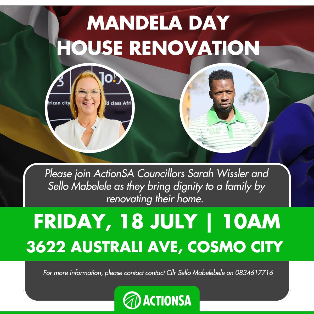 Mr Sello Mabelebele (@sellomabelebel1) on Twitter photo Please join us <a href="/Action4SA/">ActionSA</a> <a href="/sahara67/">Cllr Sarah Wissler</a> on Friday in Cosmo City <a href="/HermanMashaba/">Herman Mashaba</a> ad bring bring dignity to a family by renovating their home. <a href="/eNCA/">eNCA</a> <a href="/Powerfm987/">POWER 98.7</a> <a href="/ewnupdates/">Eyewitness News</a> <a href="/Newzroom405/">Newzroom Afrika</a> Please join us <a href="/Action4SA/">ActionSA</a> <a href="/sahara67/">Cllr Sarah Wissler</a> on Friday in Cosmo City <a href="/HermanMashaba/">Herman Mashaba</a> ad bring bring dignity to a family by renovating their home. <a href="/eNCA/">eNCA</a> <a href="/Powerfm987/">POWER 98.7</a> <a href="/ewnupdates/">Eyewitness News</a> <a href="/Newzroom405/">Newzroom Afrika</a>