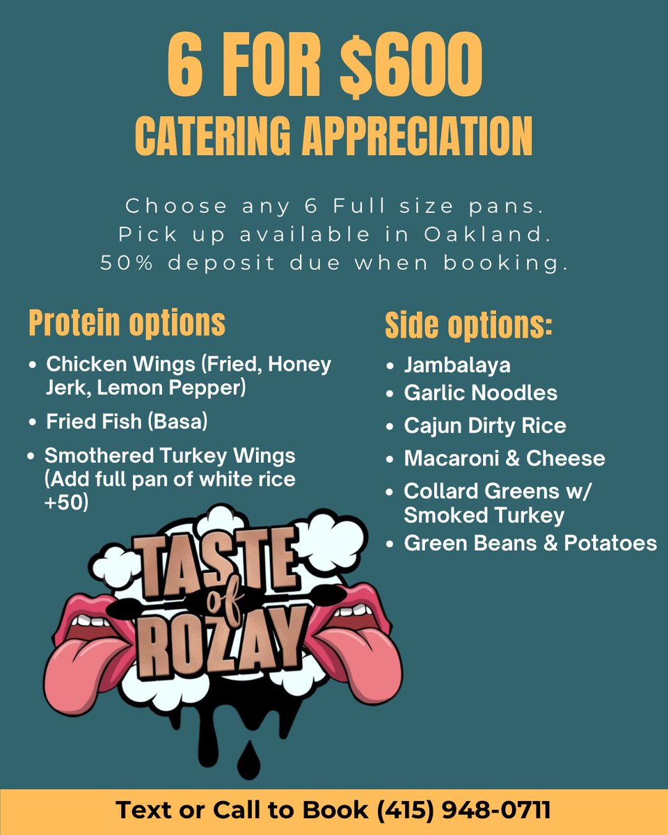 6 Full Size pans for $600 🤩 as a token of my appreciation to my customers, Taste of Rozay is offering a promotion that won’t last long with some of my most popular dishes! 

Call or text 415-948-0711 for all inquiries, deposit is required. Book something 😮‍💨👅