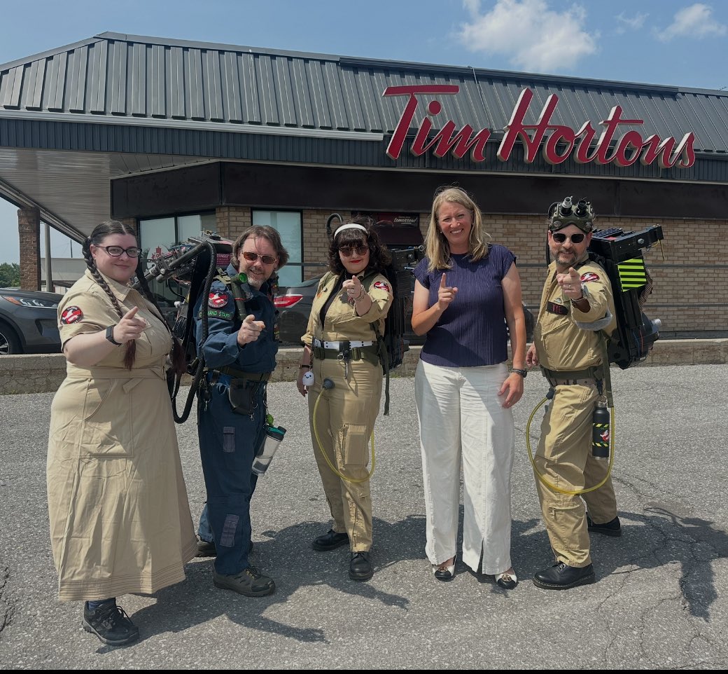 BarbaraBalCPC's tweet image. Today is Tim Hortons’ Camp Day! From my office on Greenbank, I couldn&apos;t help but admire the dedication of the Ghostbusters braving today’s heat for a great cause! Head to your nearest @TimHortons, grab a hot or iced coffee, and support the underserved youth in our community!