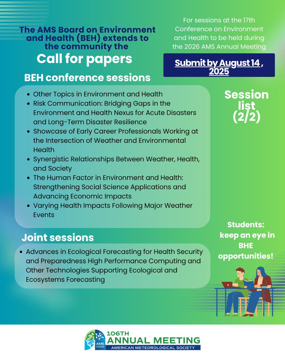 AMS_Health's tweet image. 🚨 Call for Abstracts! Submit to the 17th AMS Conference on Environment & Health at #AMS2026 by Aug 14, 2026 🗓️
See the list of topic sessions and joint sessions 🌡️🌍 🎓 Student awards available! Feel free to reach out for more info! annual.ametsoc.org/2026/program-e…
@ametsoc
