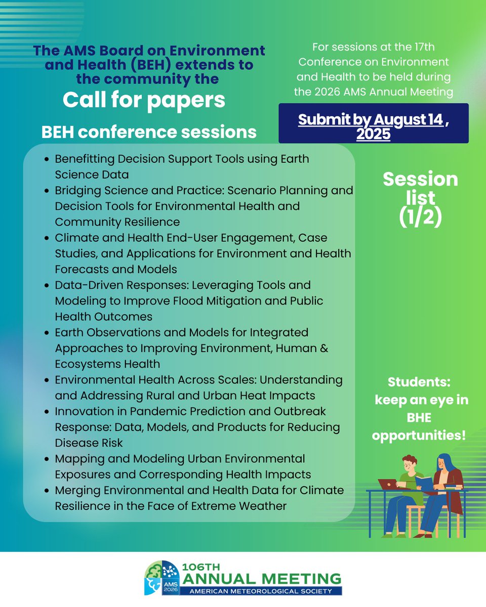 AMS_Health's tweet image. 🚨 Call for Abstracts! Submit to the 17th AMS Conference on Environment & Health at #AMS2026 by Aug 14, 2026 🗓️
See the list of topic sessions and joint sessions 🌡️🌍 🎓 Student awards available! Feel free to reach out for more info! annual.ametsoc.org/2026/program-e…
@ametsoc