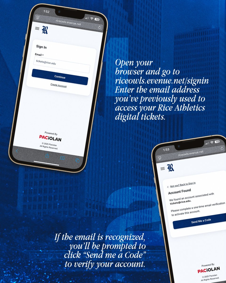 RiceAthletics's tweet image. It’s almost football season… you got your tickets ready? 🏈📱
Add them to your phone now and skip the hassle on game day.
🎟️ riceowls.evenue.net/signin
#GoOwls👐