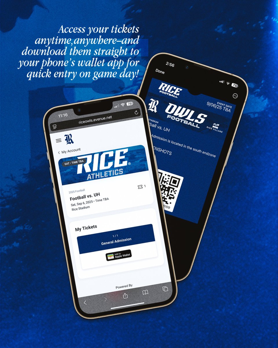 RiceAthletics's tweet image. It’s almost football season… you got your tickets ready? 🏈📱
Add them to your phone now and skip the hassle on game day.
🎟️ riceowls.evenue.net/signin
#GoOwls👐