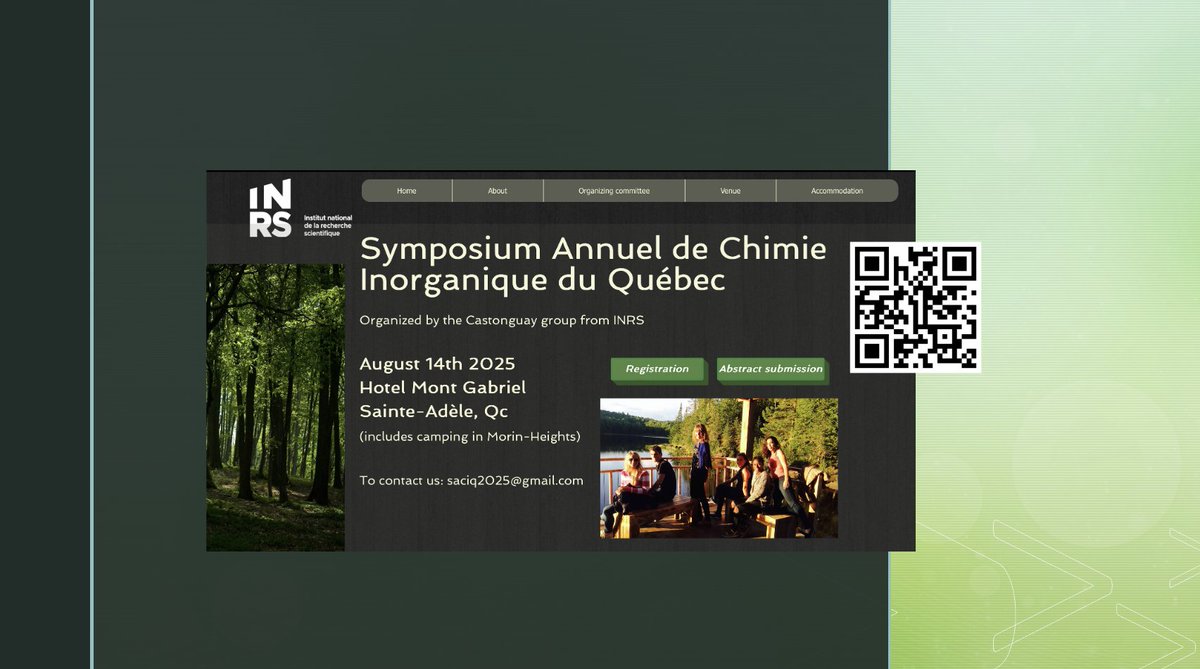 Annie Castonguay research (@castonguayannie) on Twitter photo Our research group from <a href="/inrsciences/">Institut national de la recherche scientifique</a> organizes the Symposium Annuel de Chimie Inorganique du Québec (SACIQ2025). On behalf of the organizing committee, I invite you to join us on AUGUST 14th 2025 at Hotel Mont Gabriel in the Laurentians. saciq2025.com Our research group from <a href="/inrsciences/">Institut national de la recherche scientifique</a> organizes the Symposium Annuel de Chimie Inorganique du Québec (SACIQ2025). On behalf of the organizing committee, I invite you to join us on AUGUST 14th 2025 at Hotel Mont Gabriel in the Laurentians. saciq2025.com