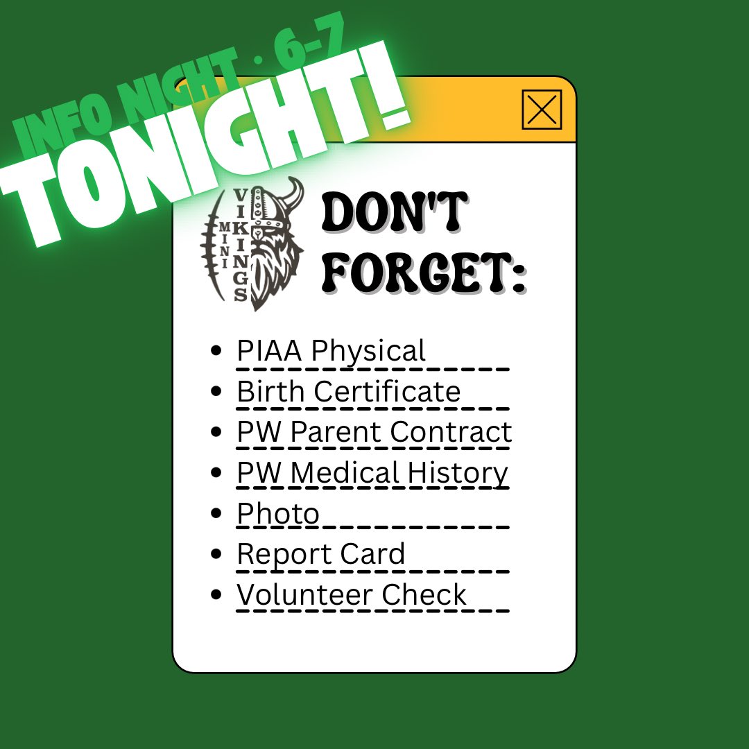 Officially FIVE days away from the season starting!!
How are we doing with the infamous list of paperwork to turn in?!
Get a head start—turn things in, grab any missing forms, or take care of anything you may be hung up on tonight from 6–7 PM.
Our Board will be on site to help!