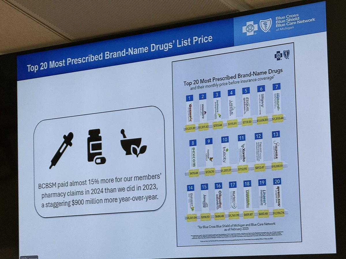 ledje's tweet image. Hearing from @BCBSAssociation President Tricia A. Keith at the Michigan State Medical Society
board meeting about how the premium $ is divided, the top 20 most expensive meds they cover and more. @umichmedicine @UMichMedSchool