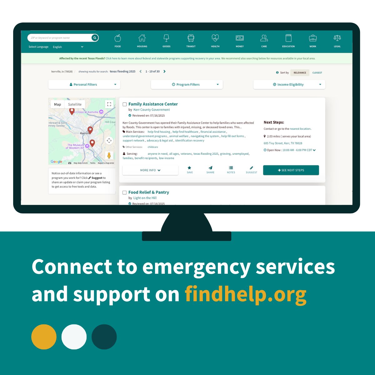 itsfindhelp's tweet image. Our thoughts are with Kerrville as they deal with damage, loss, &amp;amp; uncertainty. Anyone affected by the #TexasFloods can find #EmergencyServices &amp;amp; #DisasterRelief via our free public search.

⛑️ Disaster relief ▶ hubs.li/Q03xxl7L0
🔎 More resources ▶ hubs.li/Q03xxmmr0