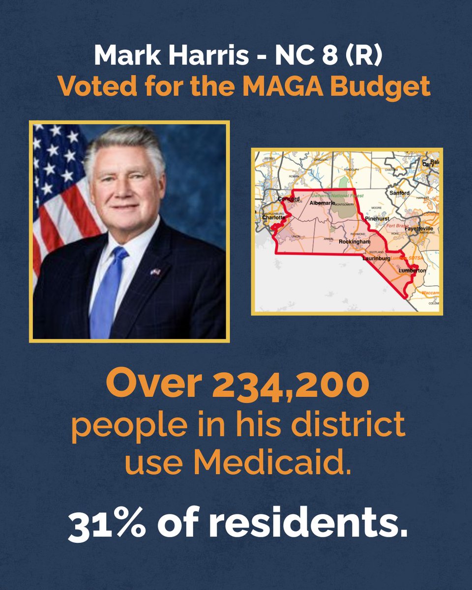 🧵Did your Representative vote for the Medicaid cuts in the MAGA Budget? Take a look at how many people in your district use Medicaid. Putting billionaires over the people you're supposed to represent is shameful. #ncpol #biguglybill #medicaid