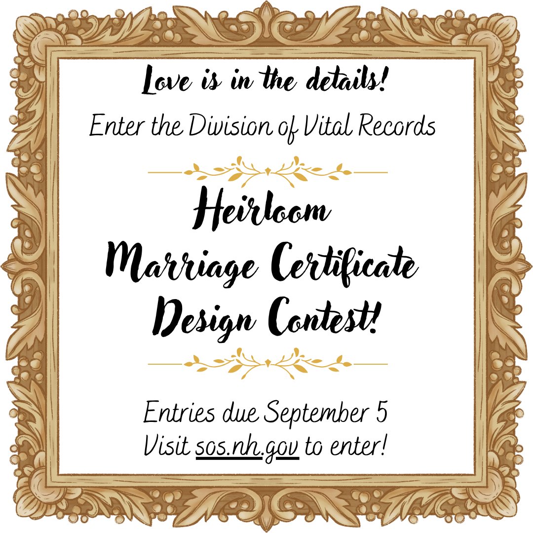 NHSecretary's tweet image. Attention New Hampshire artists! Our Heirloom Marriage Certificate Design Contest is open until September 5! The winning design will be issued across the state as the official heirloom marriage certificate.
Visit sos.nh.gov/heirloom-marri… to enter!