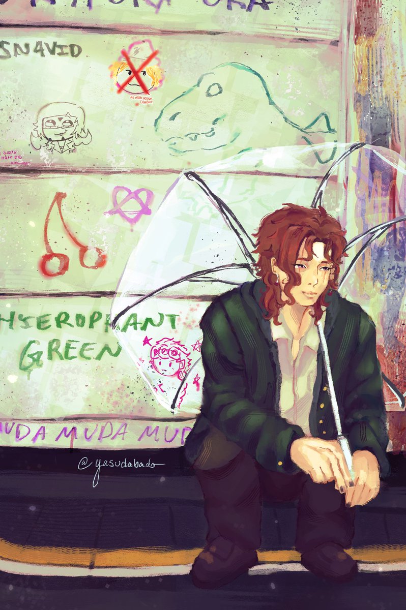 yasudabado's tweet image. shoutout oomfs for helping decorate the wall ☔️🍒
#jjba #noriakikakyoin