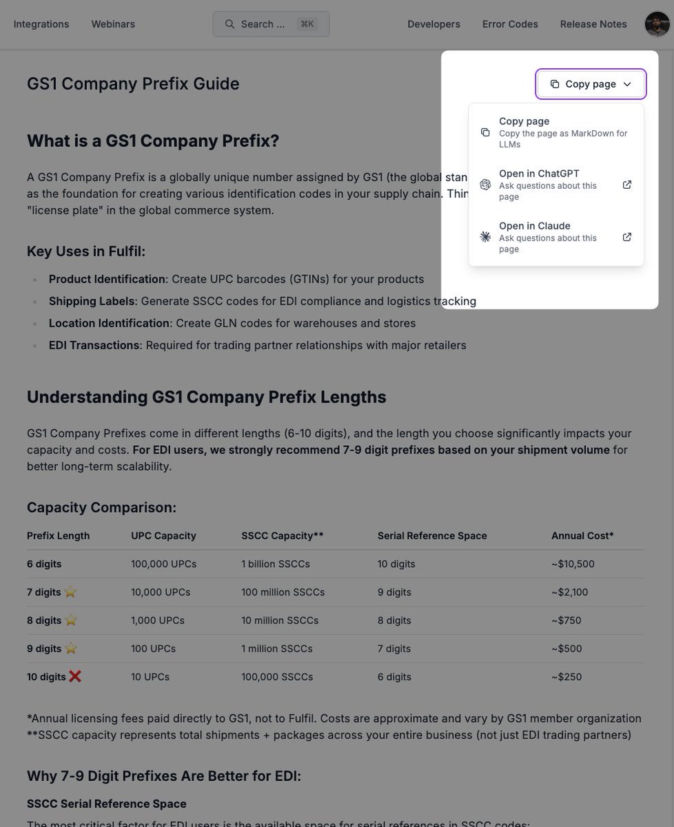 sharoonthomas's tweet image. Previously we built for
- humans who used our UI; and
- bots who used our API
Now we also build for:
- Agents
- and humans that use agents
Our documentation pages now have a contextual dropdown that provides multiple ways to extract and use content:
- including copying as…