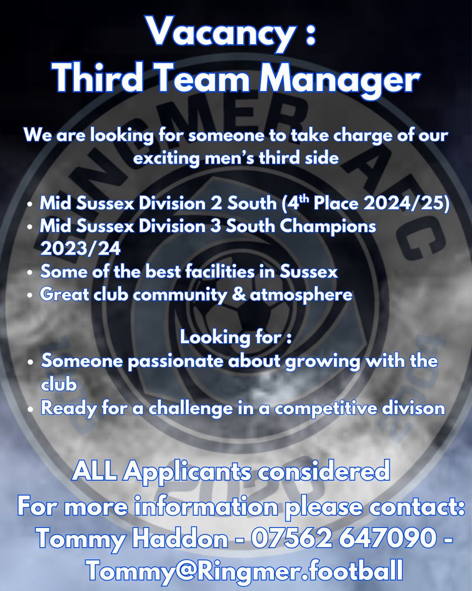 <a href="/RingmerAFC/">Ringmer AFC</a> are looking for a new 3s manager for the upcoming Mid Sussex Div 2 South campaign.
A club on the up. You only need to take look at the coverage on club facebook and twitter accounts to see that!

Be part of it!!!

<a href="/SportSussex/">Sport Sussex</a> <a href="/NonLeagueSussex/">Non-League Sussex</a> <a href="/midsussexleague/">Official Mid Sussex Football League ⚽️</a>