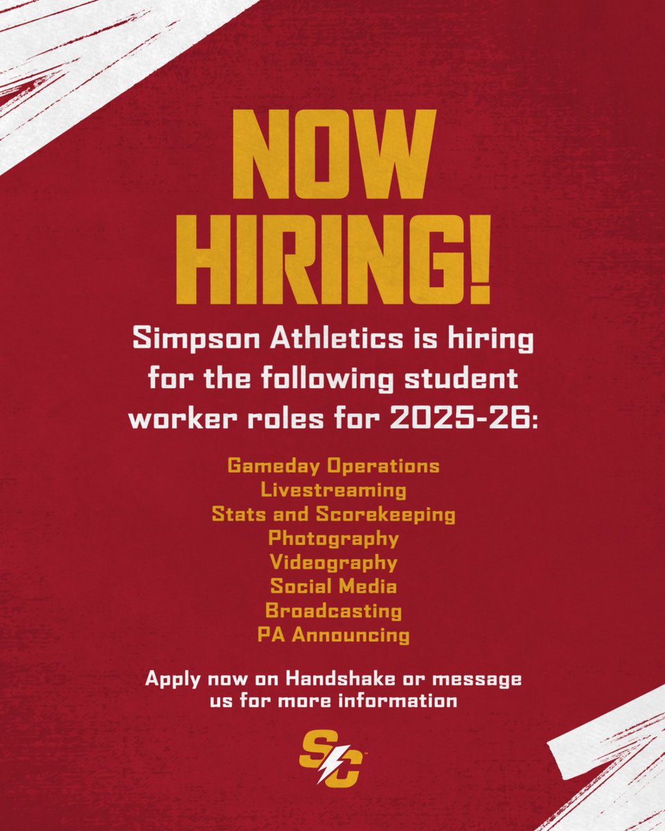 Simpson Storm Sports (@stormsports) on Twitter photo Join the team behind the teams 💪
Simpson Athletics is hiring student workers for the upcoming year! Get hands-on experience in media, game ops, stats, and more.
Apply here: tinyurl.com/2s67xfr4 Join the team behind the teams 💪
Simpson Athletics is hiring student workers for the upcoming year! Get hands-on experience in media, game ops, stats, and more.
Apply here: tinyurl.com/2s67xfr4