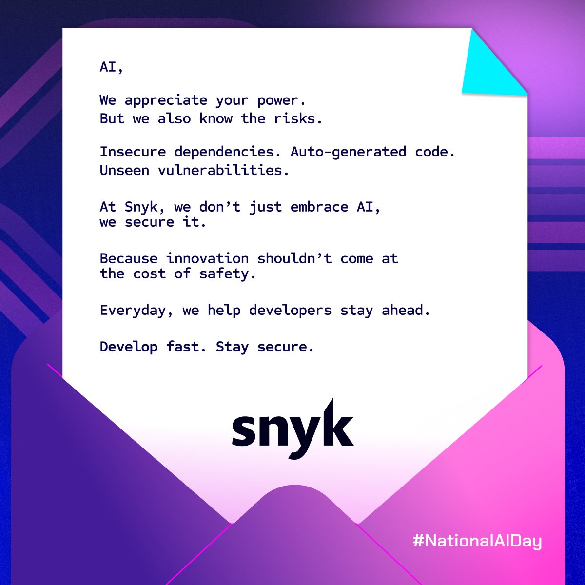 snyksec's tweet image. On #ArtificialIntelligenceAppreciationDay, we celebrate AI’s innovations and our commitment to keeping them secure. Because powerful innovation deserves powerful protection.