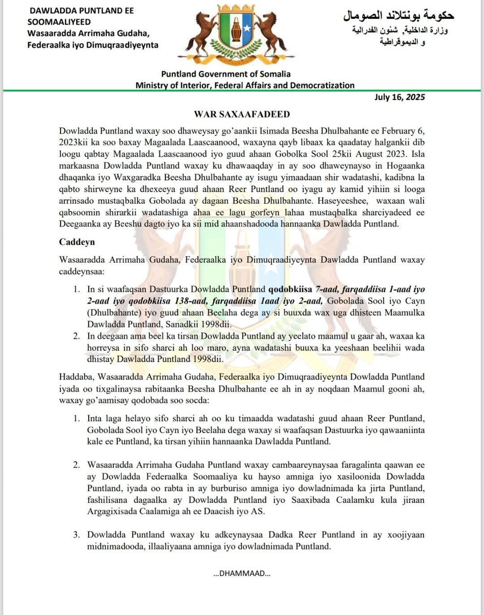 Pldefenceforce's tweet image. Dawladda Puntland waxay mar kale caddeysay in Gobollada Sool &amp;amp; Cayn ay ka mid yihiin Puntland sida ku xusan Dastuurka. Waxaa la cambaareeyay faragelinta DF Soomaaliya. Midnimo &amp;amp; wada-tashi ayaa ah dariiqa sharciyeysan.

#Puntland #Sool #Laascaanood #Dhulbahante #Somalia #MoIFAD